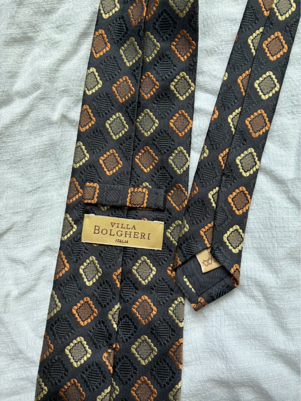 Villa Bolgheri Italia Silk Navy Tie w/ Orange & Ivory Diamond Geometric Pattern